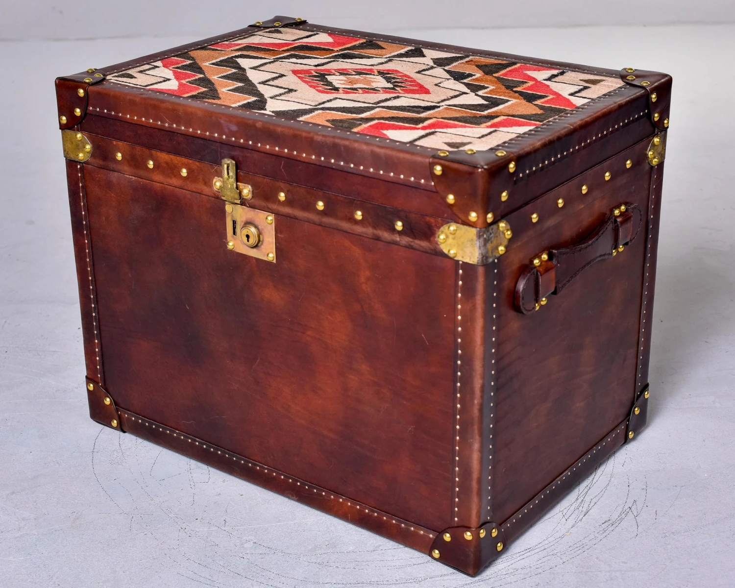 Leather Covered Trunk With Vintage Hardware And Kilim On Top Panel 10 Leather Covered Trunk With Vintage Hardware And Kilim On Top Panel - Image 8