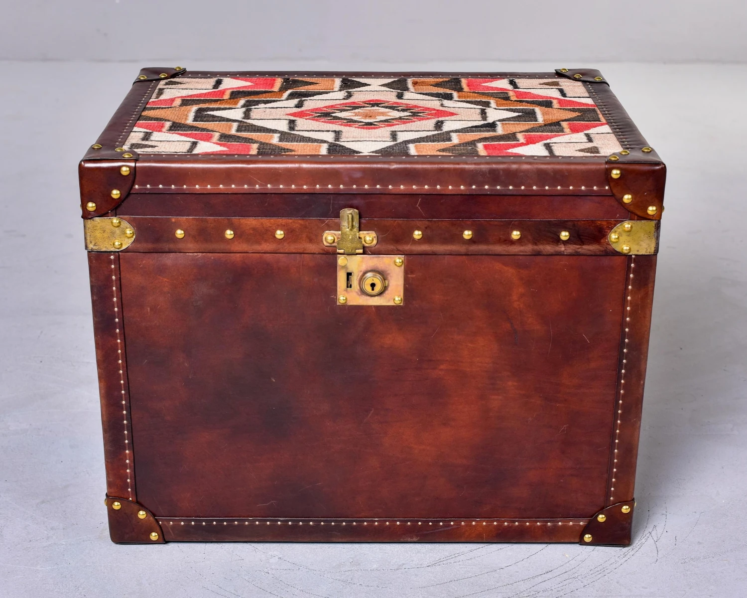Leather Covered Trunk With Vintage Hardware And Kilim On Top Panel 4 Leather Covered Trunk With Vintage Hardware And Kilim On Top Panel - Image 2