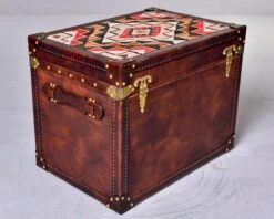 Leather Covered Trunk With Vintage Hardware And Kilim On Top Panel 18 Leather Covered Trunk With Vintage Hardware And Kilim On Top Panel -CHAIRISH Shop leather covered trunk with vintage hardware and kilim on top panel 7569