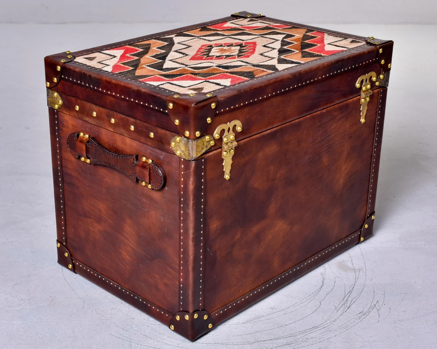 Leather Covered Trunk With Vintage Hardware And Kilim On Top Panel 9 Leather Covered Trunk With Vintage Hardware And Kilim On Top Panel - Image 7