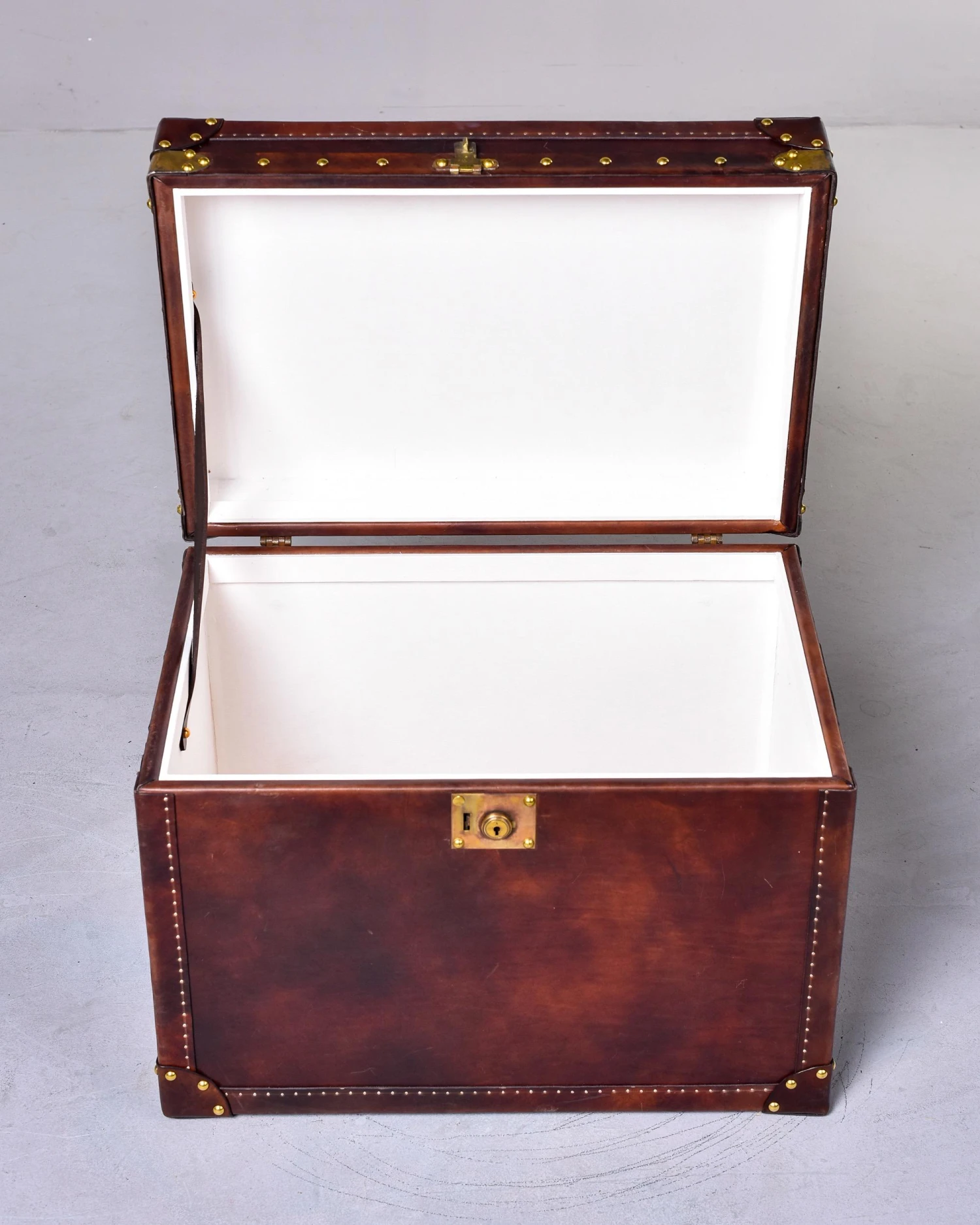 Leather Covered Trunk With Vintage Hardware And Kilim On Top Panel 11 Leather Covered Trunk With Vintage Hardware And Kilim On Top Panel - Image 9