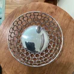Mid 20th Century Vintage Modern Silver Plated Basket With Repeating Circle Motifs -CHAIRISH Shop mid 20th century vintage modern silver plated basket with repeating circle motifs 1128