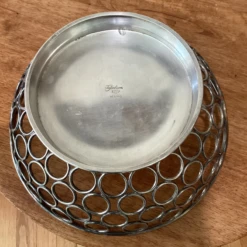 Mid 20th Century Vintage Modern Silver Plated Basket With Repeating Circle Motifs -CHAIRISH Shop mid 20th century vintage modern silver plated basket with repeating circle motifs 7519