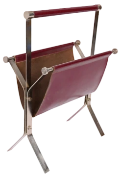 Mid-Century Chromed Steel And Red Leather Magazine Rack From Alessandro Albrizzi, 1970s