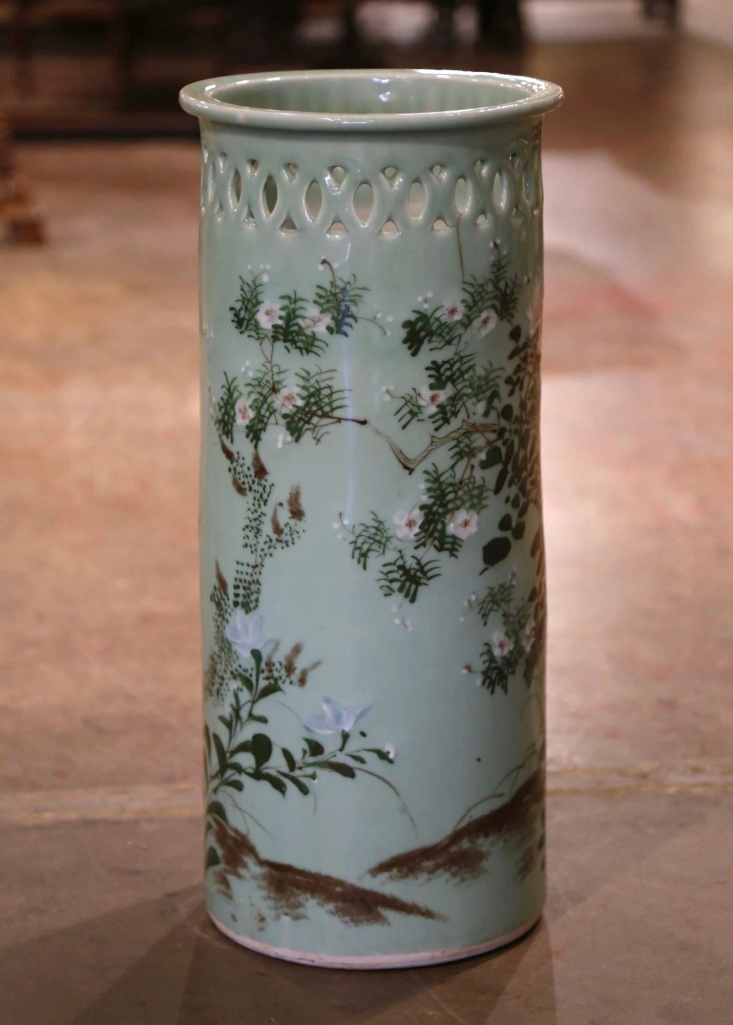 Mid-Century French Hand Painted Porcelain Umbrella Stand With Floral Motifs 7 Mid-Century French Hand Painted Porcelain Umbrella Stand With Floral Motifs - Image 6