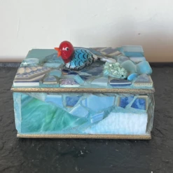 Mid-Century Mosaic Trinket Box With Mouth Blown Art Glass Bird Detail -CHAIRISH Shop mid century mosaic trinket box with mouth blown art glass bird detail 1208