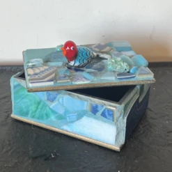 Mid-Century Mosaic Trinket Box With Mouth Blown Art Glass Bird Detail -CHAIRISH Shop mid century mosaic trinket box with mouth blown art glass bird detail 1680