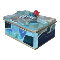 Mid-Century Mosaic Trinket Box With Mouth Blown Art Glass Bird Detail