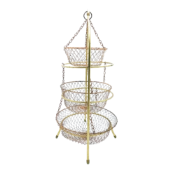 Mid-Century Three Tiered Brass & Collapsible Wire Copper Mesh Hanging Fruit Basket / Server