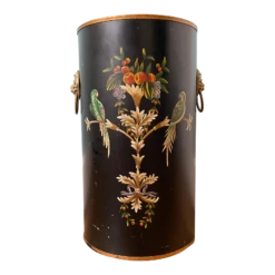 Mid Century Tole Parrot Bird And Fruit Motif Black Umbrella Stand