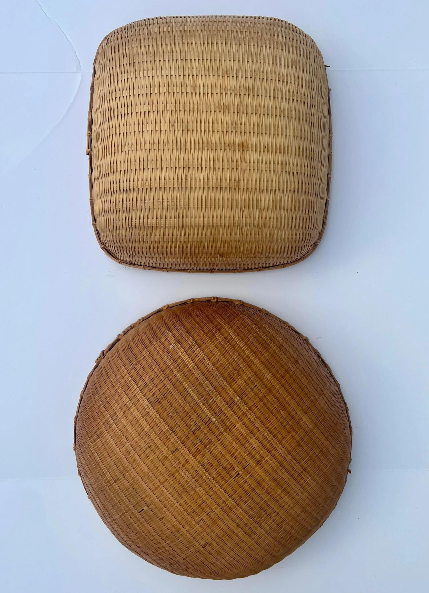 Mismatched Winnowing Bowls In Natural Woven Wicker Rattan- Set Of 2 7 Mismatched Winnowing Bowls In Natural Woven Wicker Rattan- Set Of 2 - Image 5