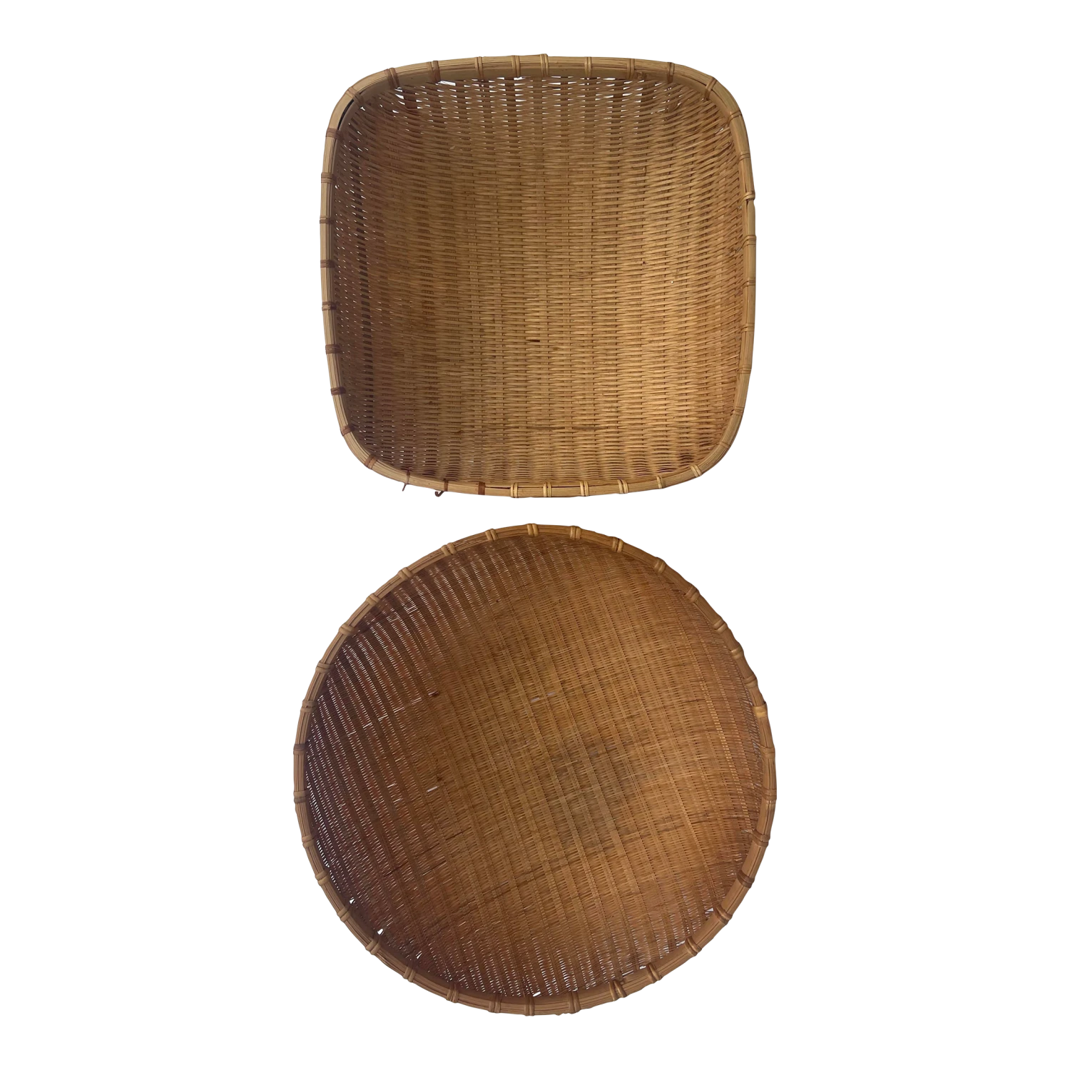 Mismatched Winnowing Bowls In Natural Woven Wicker Rattan- Set Of 2 3 Mismatched Winnowing Bowls In Natural Woven Wicker Rattan- Set Of 2