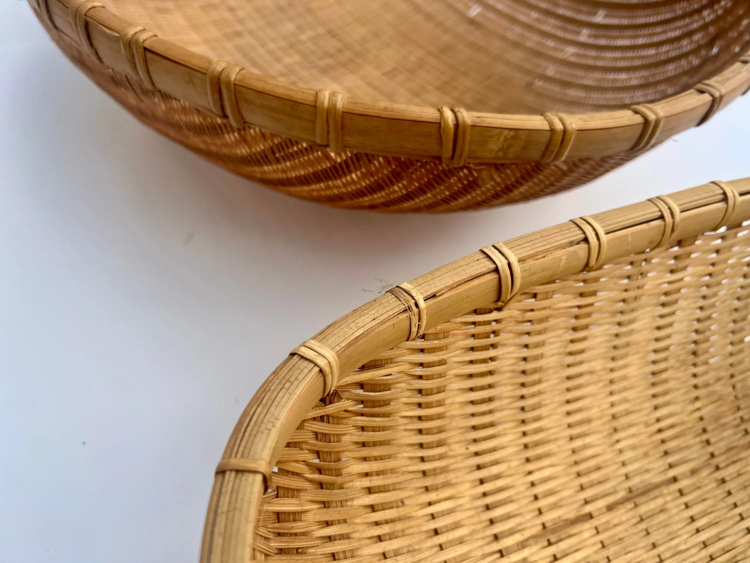 Mismatched Winnowing Bowls In Natural Woven Wicker Rattan- Set Of 2 5 Mismatched Winnowing Bowls In Natural Woven Wicker Rattan- Set Of 2 - Image 3