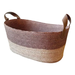 Natural Palm Storage Basket With Leather Handles, Long