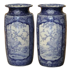 Pair Of Vintage Hand Painted Blue And White Porcelain Vases Umbrella Stands