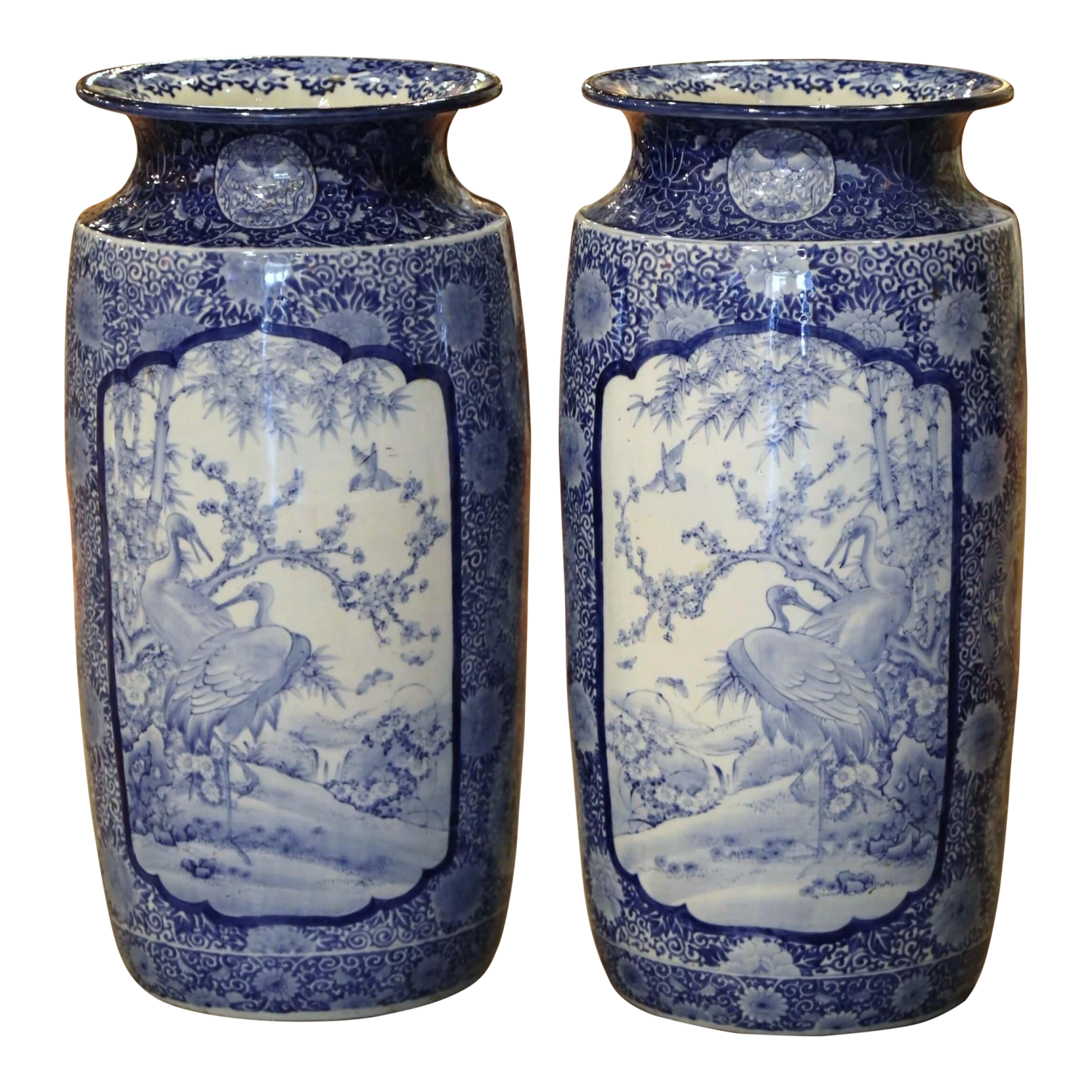 Pair Of Vintage Hand Painted Blue And White Porcelain Vases Umbrella Stands 3 Pair Of Vintage Hand Painted Blue And White Porcelain Vases Umbrella Stands