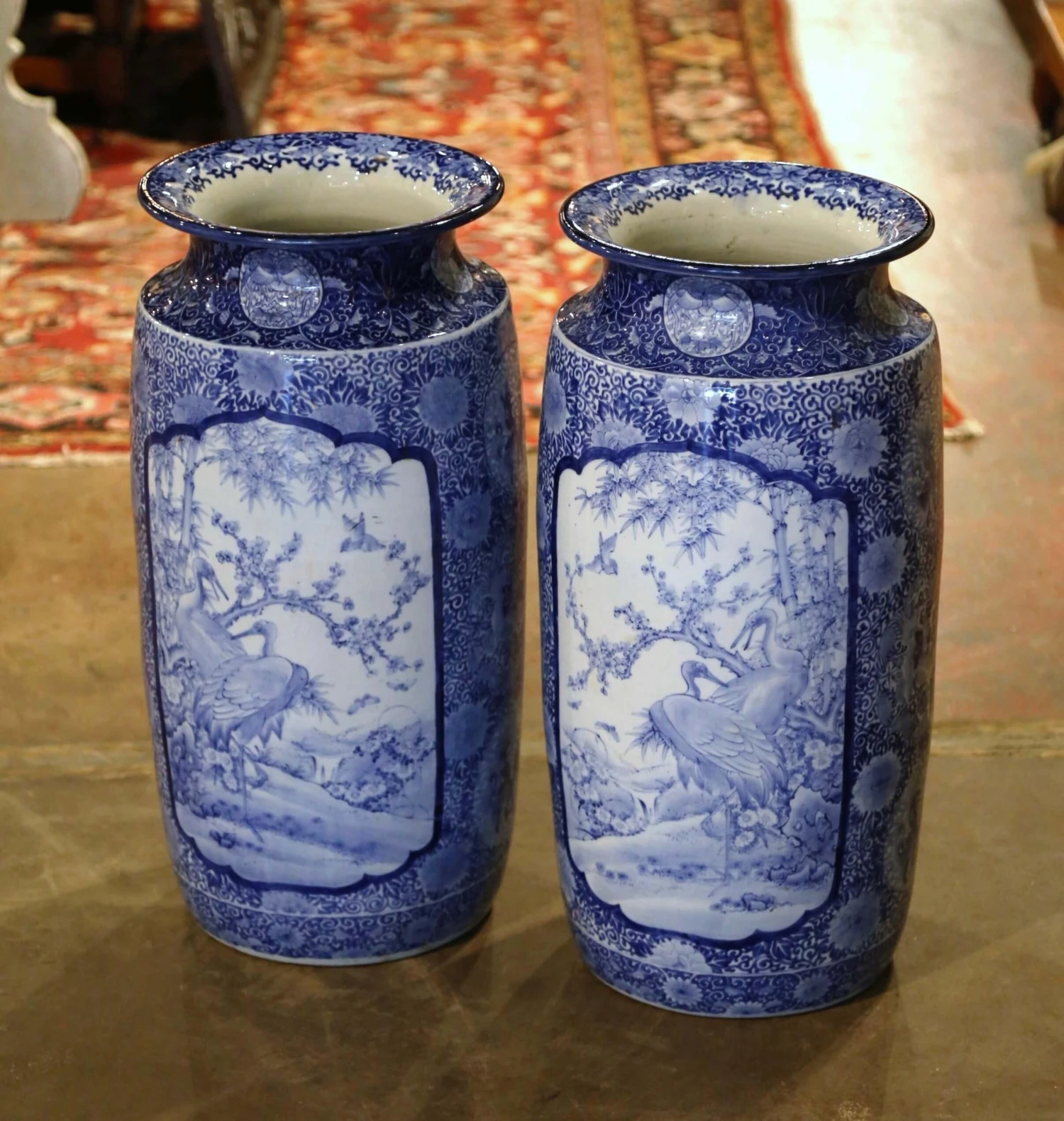 Pair Of Vintage Hand Painted Blue And White Porcelain Vases Umbrella Stands 4 Pair Of Vintage Hand Painted Blue And White Porcelain Vases Umbrella Stands - Image 2