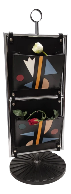 Postmodern Leather And Chrome-Plated Metal Magazine Rack From Salmistraro, Italy, 1980s