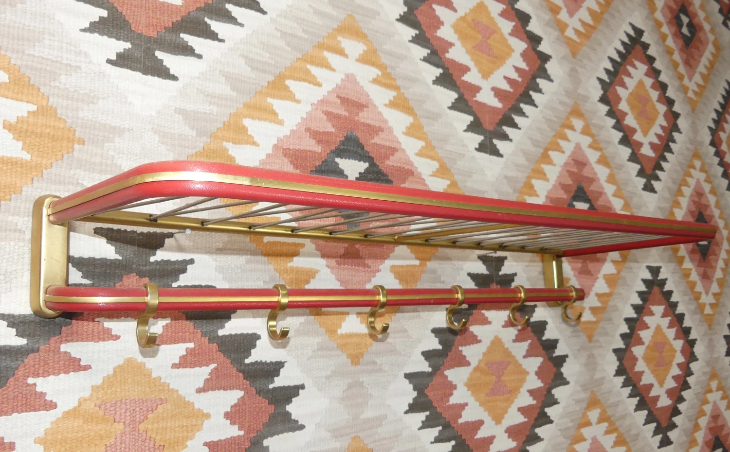 String Coat Rack In Red Brass With Hat Hooks, 1950s 4 String Coat Rack In Red Brass With Hat Hooks, 1950s - Image 2