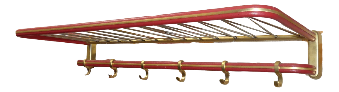 String Coat Rack In Red Brass With Hat Hooks, 1950s 3 String Coat Rack In Red Brass With Hat Hooks, 1950s