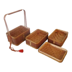 Vintage 1946 Occupied Japan Stacking Bamboo Lunch Picnic Basket