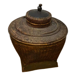 Vintage 19th Century Asian Woven Rattan Bamboo Storage Basket W/Lid And Monkey Detail