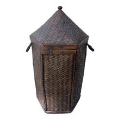 Vintage Asian Woven Rattan/Bamboo Hexagon Lidded Basket