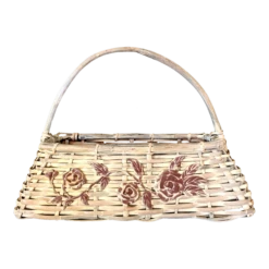 Vintage C1960s Large Whitewashed Graduated Oblong Gathering Basket With Handle And Floral Appliques