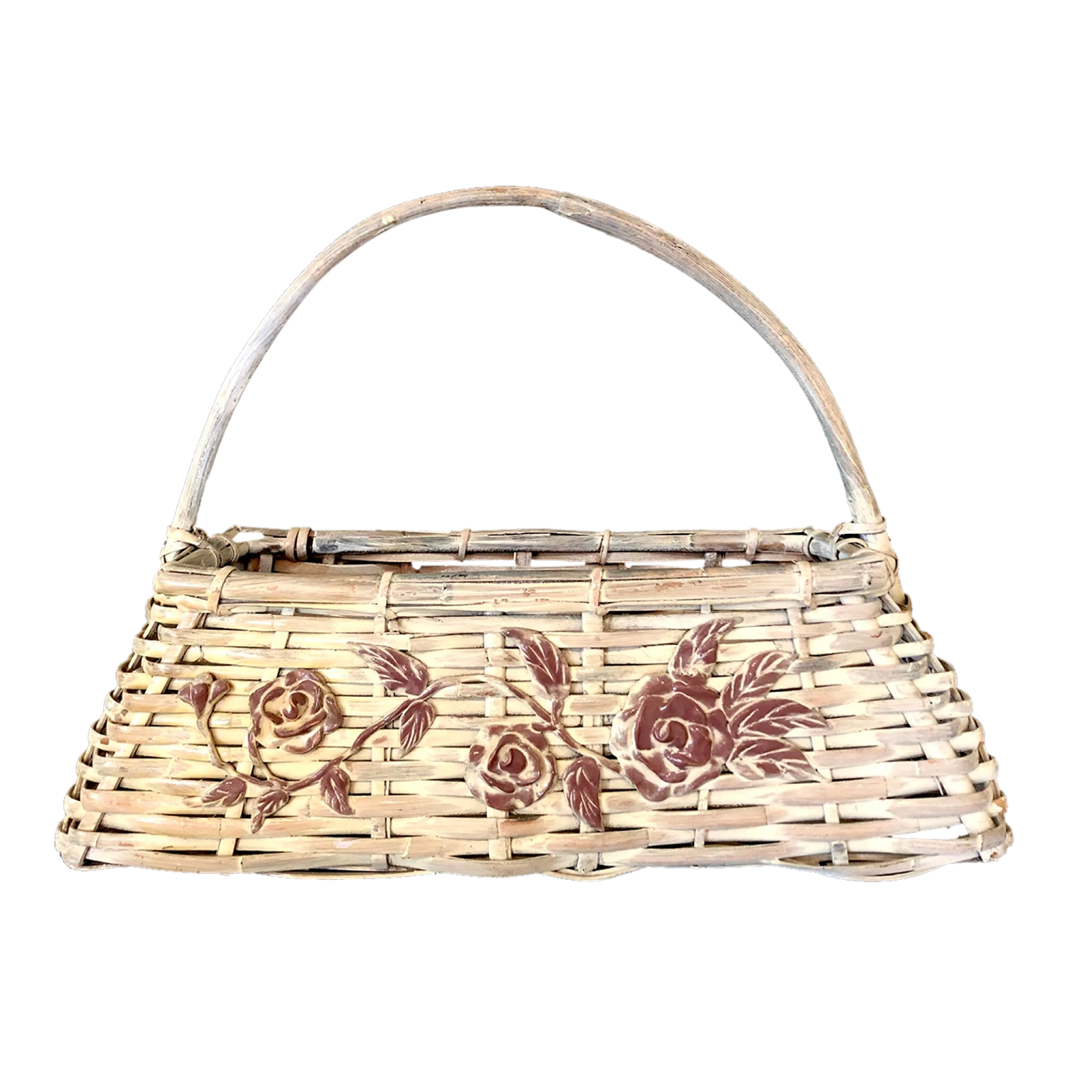 Vintage C1960s Large Whitewashed Graduated Oblong Gathering Basket With Handle And Floral Appliques 3 Vintage C1960s Large Whitewashed Graduated Oblong Gathering Basket With Handle And Floral Appliques