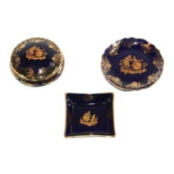 Vintage Cobalt Blue Royal Limoges France 22-Karat Gold Trinket Boxes Set - 3 Pieces
