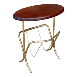 Vintage Hollywood Regency Boho Brass Rattan Magazine Rack Side Table