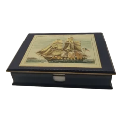 Vintage Otagiri The White Diamond Line Navy Schooner Laquered Desk Note Box