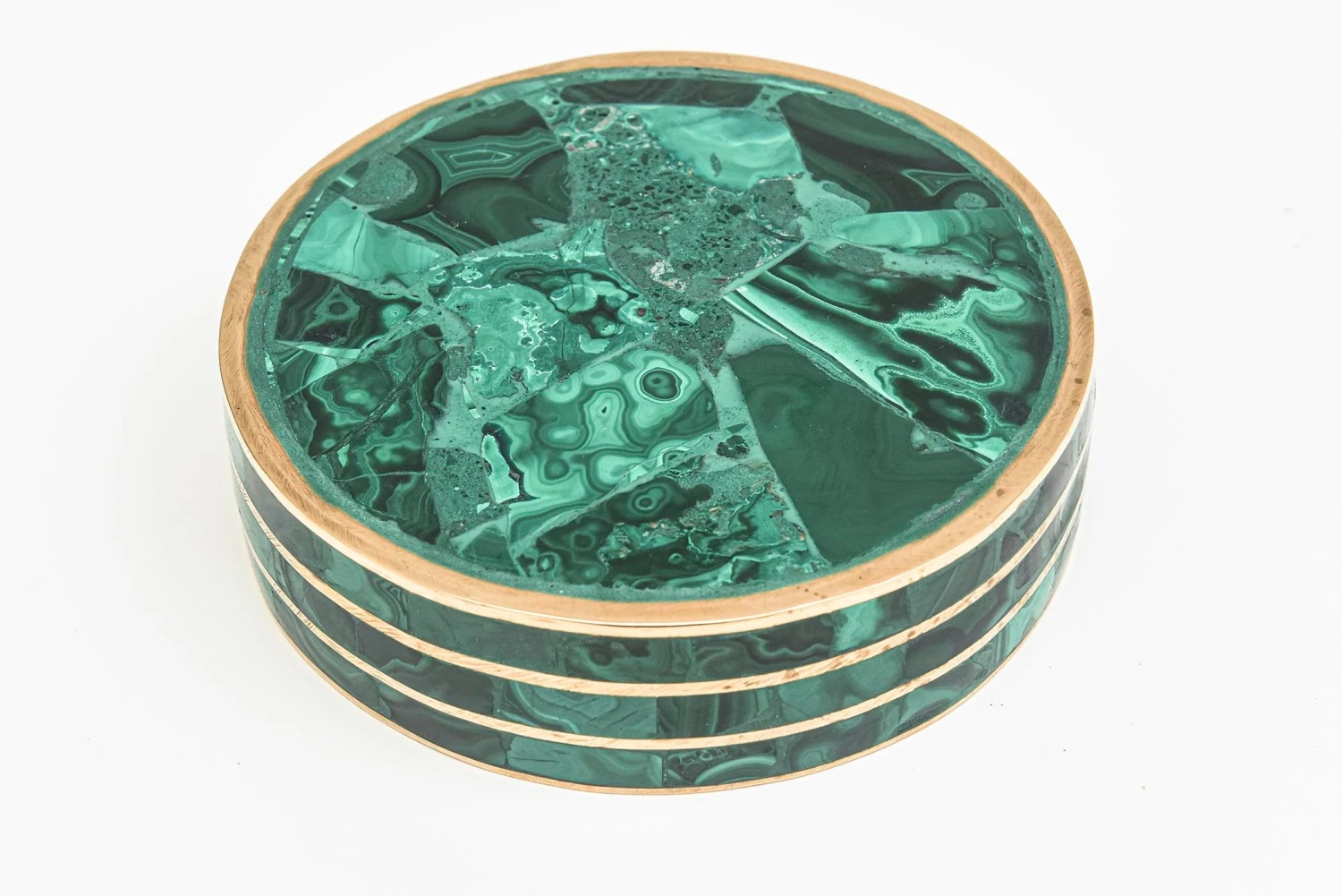 Vintage Round Malachite And Bronze Box Two Part 5 Vintage Round Malachite And Bronze Box Two Part - Image 3