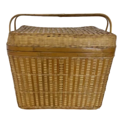 Vintage Split Reed Wicker Storage Basket With Hinged Lid