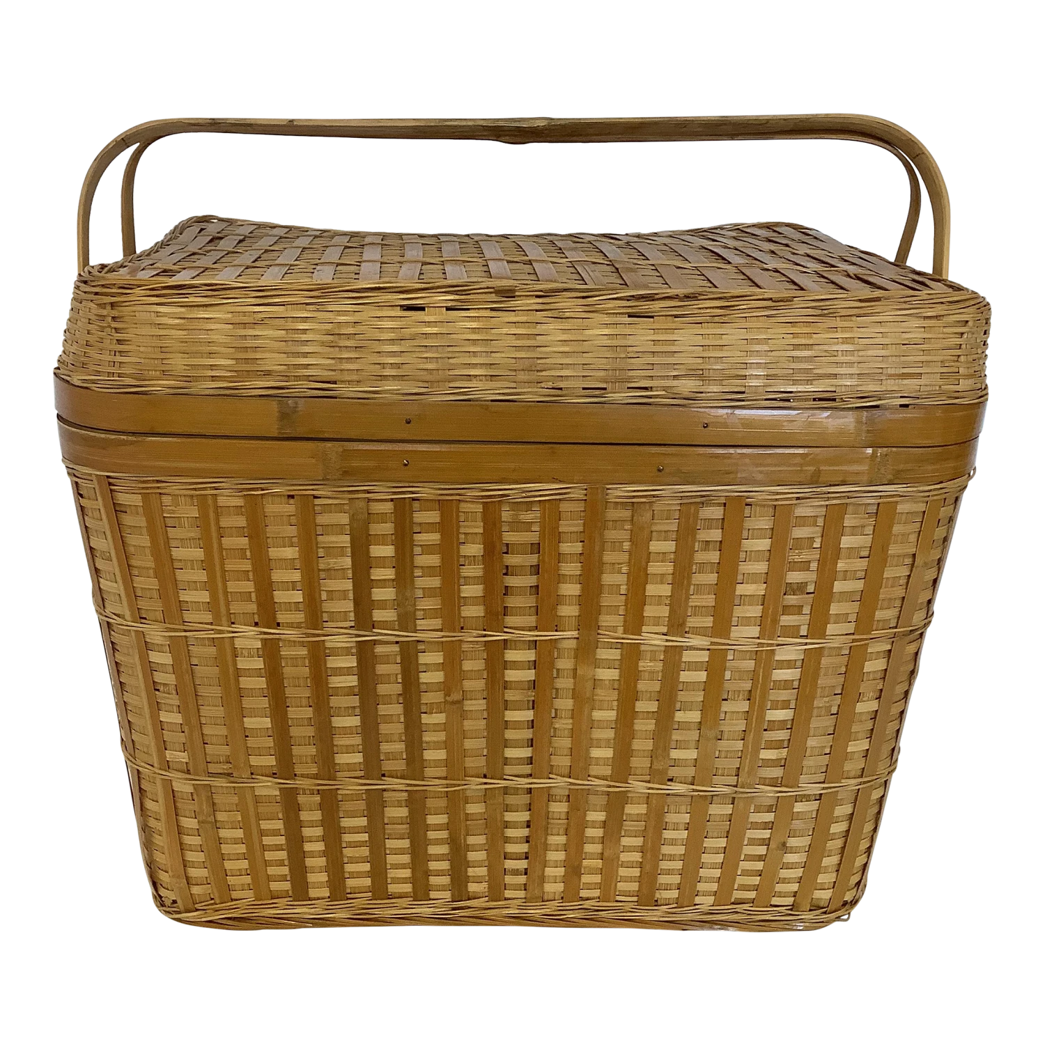 Vintage Split Reed Wicker Storage Basket With Hinged Lid 3 Vintage Split Reed Wicker Storage Basket With Hinged Lid