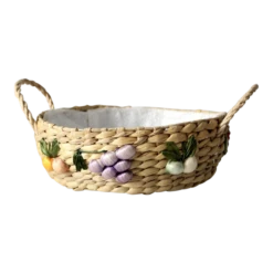 Vintage Straw Basket With Raffia Flowers