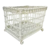 Vintage White Woven Wicker Storage Basket Cart