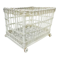Vintage White Woven Wicker Storage Basket Cart